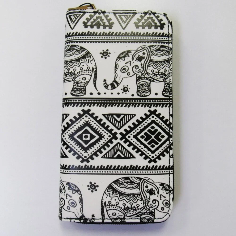 Black & White Elephant Print Ladies Zippered Long Wallet Vegan Leather NEW You - Picture 1 of 4